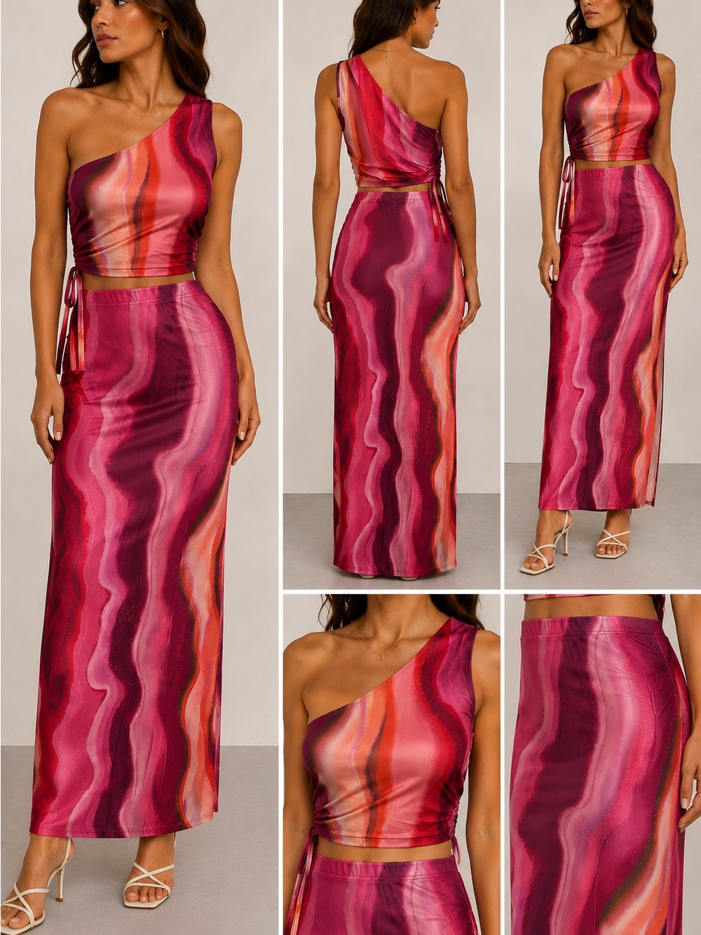 Pink Marble Print One Shoulder Crop Top & Maxi Skirt 2 Piece Set